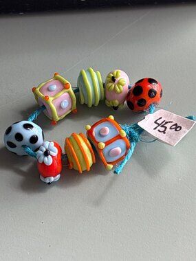 Vintage Handmade Lampwork Glass Beads Set With Ladybug & Flower Designs